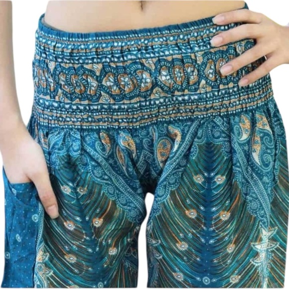 Yoga Lounge Festival High Waisted Rayon Harem Pants Turquoise Peacock Print OS - Picture 2 of 7